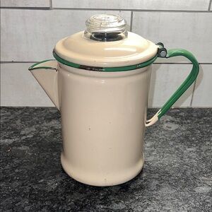 Vintage Pyrex Cream and Green Enamel Coffee Pot.  Collectors Item